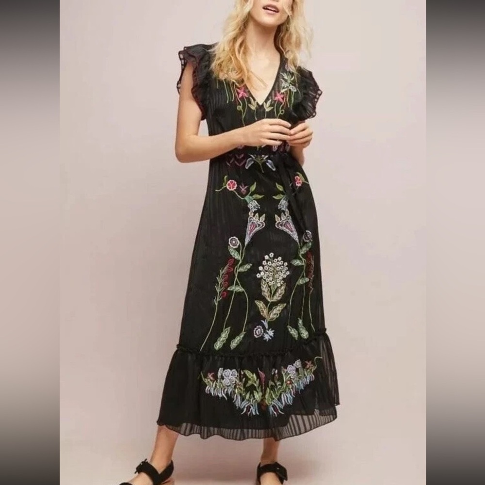 Anthropologie Not So Serious Floral Embroidered Black Dress Small 2